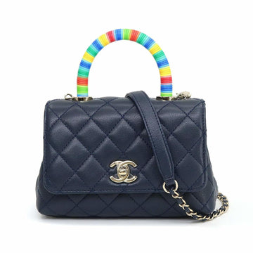 CHANEL Coco Handle Matelasse 2way Hand Shoulder Bag Leather Navy Rainbow AS2215