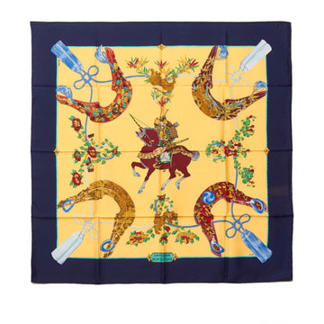 HERMES Carre 90 SAMOURAI Samurai Scarf Yellow Navy Multicolor Silk Women's