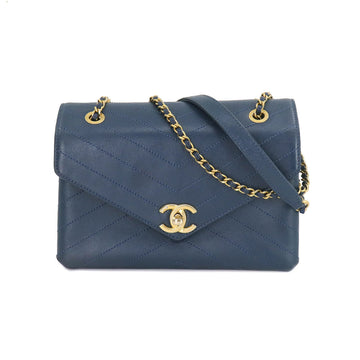 CHANEL Chevron V Stitch Chain Shoulder Bag Leather Blue A57431 Gold Hardware