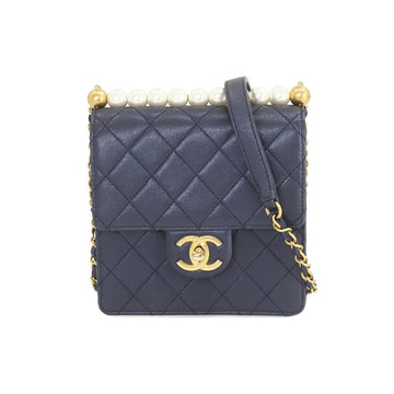 CHANEL Matelasse Pearl Chain Shoulder Bag Leather Navy Gold Hardware AS0584