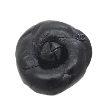 CHANEL Camellia Cocomark Corsage Brooch Leather Black 16K