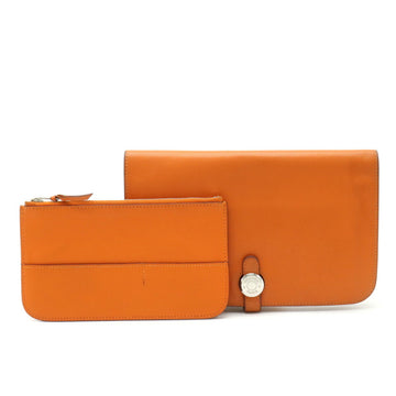 HERMES Dogon Duo GM Bifold Long Wallet Vaux Swift Leather Orange R Engraved