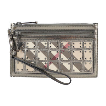 BURBERRY Clutch Bag Enamel Leather PVC Gun Metallic Beige Gussetless Studs Wristlet Pouch Second