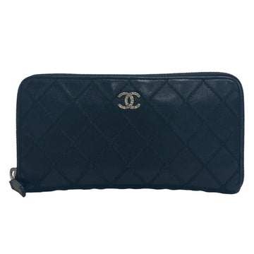 CHANEL Wild Stitch Round Zip Wallet Long Black Ladies