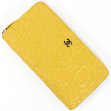 CHANEL Wallet Long Round Camellia Coco Mark Zip Leather Yellow Around Ladies Coin Purse