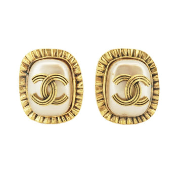 CHANEL Earrings Vintage Coco Mark Square Fake Pearl GP Plated Gold White 94A Ladies