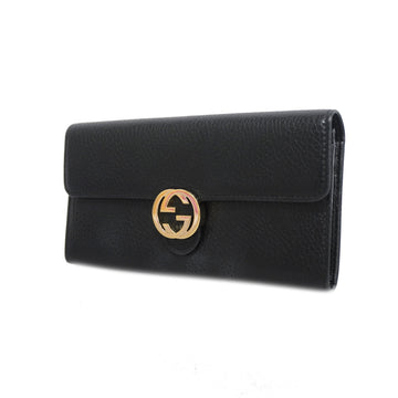 Gucci Interlocking G Gold Hardware 615524 Women's Leather Long Wallet Black