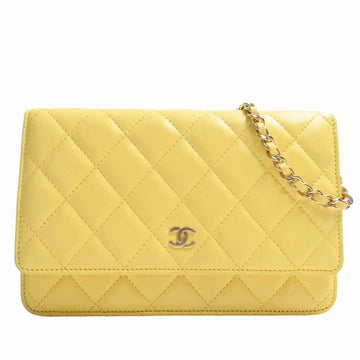 CHANEL lambskin matelasse here mark chain shoulder long wallet yellow ladies