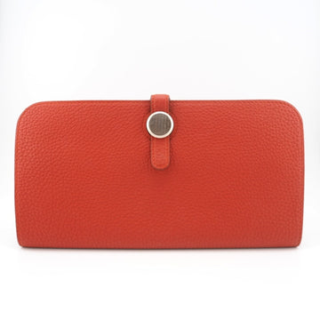 HERMES/ Dogon Long Taurillon Clemence Wallet Red Ladies