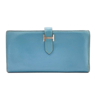 HERMES Bear Souffle Long Wallet Vaux Epson  Ladies Blue