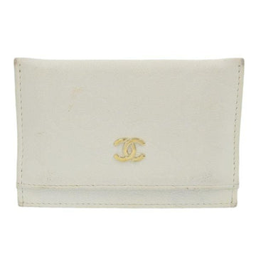 CHANEL Leather Camellia Cocomark Pass Case Card White Ladies