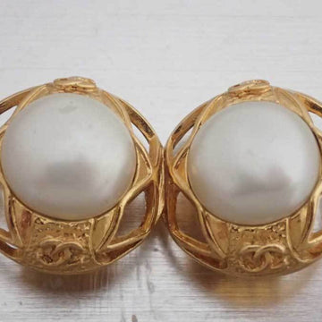 CHANEL Earrings Coco Mark Gold x White Metal Material Fake Pearl Accessory Ladies