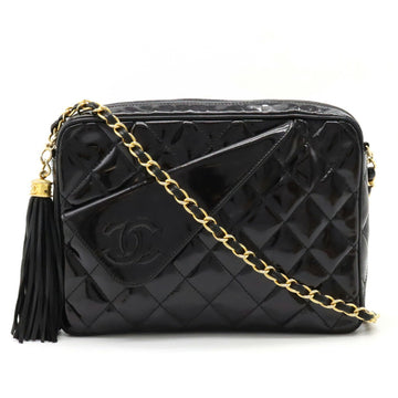 CHANEL matelasse here mark tassel chain shoulder bag enamel patent leather black