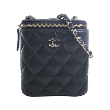 CHANEL Lambskin Matelasse Coco Mark Vanity Case Chain Shoulder Bag Black Ladies