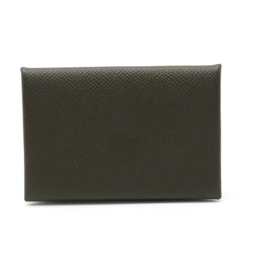 HERMES Calvi Card Case Business Holder Pass Vaux Epson Leather Dark Khaki A Stamp