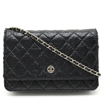 CHANEL Matelasse Chain Shoulder Bag Pochette Coated Tweed Leather Black A68851