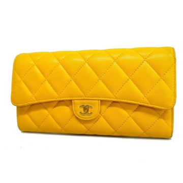 CHANEL Long Wallet Matelasse Caviar Skin Yellow Gold Hardware Women's