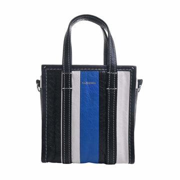 BALENCIAGA Bazaar Leather Shopper XXS Handbag 513988 Black White Blue Women's