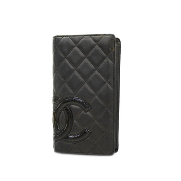 CHANEL Long Wallet Cambon Lambskin Black Silver Hardware Women's