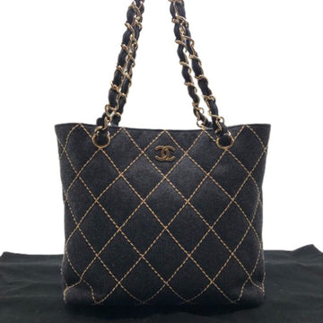 CHANEL Chain Tote Bag Felt Wild Stitch Dark Gray Gold Hardware Women's