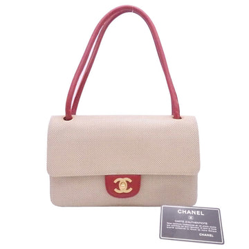 Chanel Shoulder Bag Coco Mark Beige Red Leather Women's