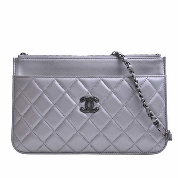 CHANEL Leather Matelasse Coco Mark Chain Shoulder Bag Silver Women's