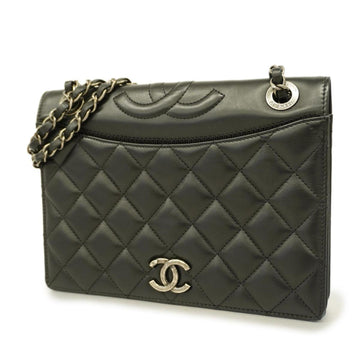 CHANEL Shoulder Bag Matelasse W Chain Lambskin Black Silver Hardware Women's