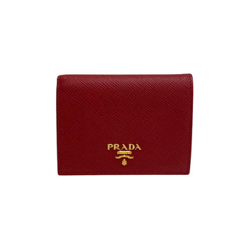PRADA Logo Metal Fittings Saffiano Leather Genuine Bifold Wallet Mini Red