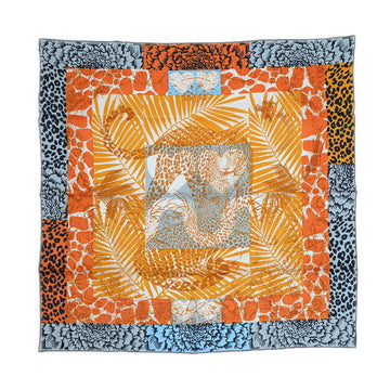 HERMES Carre 70 Scarf JUNGLE LOVE AU TAMPON Orange/Blue Silk 100%