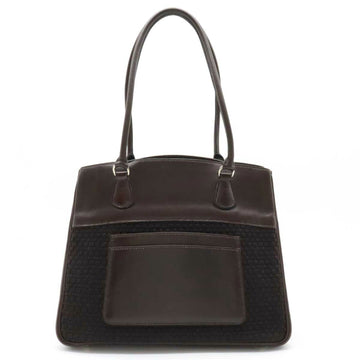 HERMES La Tote Bag Shoulder Leather Wool Dark Brown