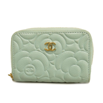 CHANEL Coin Case Camellia Caviar Skin Light Blue Gold Hardware Women's