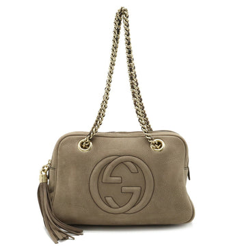 GUCCI Soho Interlocking G Chain Shoulder Bag Tassel Nubuck Leather Greige 308983