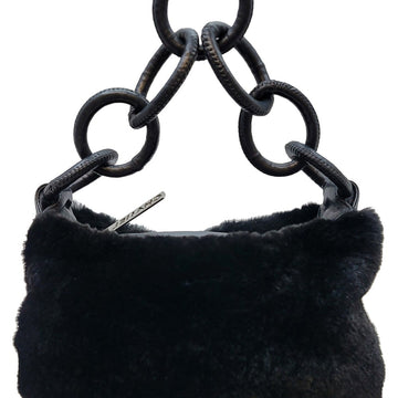 Chanel circle shoulder bag lamb fur Lapin ring chain black silver metal fittings here mark handbag