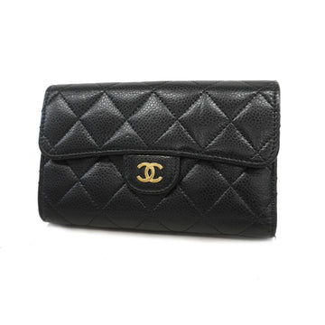 Chanel Trifold Wallet Matelasse Caviar Skin Black Gold Metal