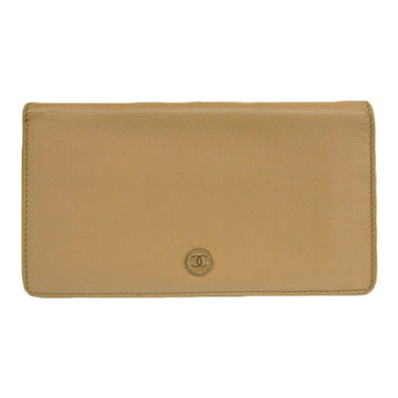 CHANEL Leather Coco Button Bifold Long Wallet Beige Ladies