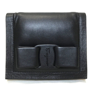 SALVATORE FERRAGAMO Vara Bifold Wallet Compact with Coin Purse Leather Black Ladies JL-22 0288
