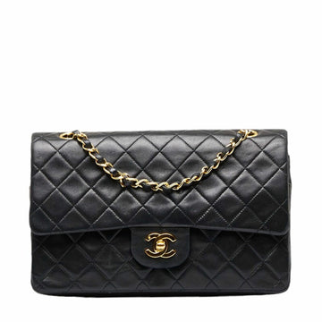 CHANEL matelasse 25 double flap chain shoulder bag black lambskin ladies