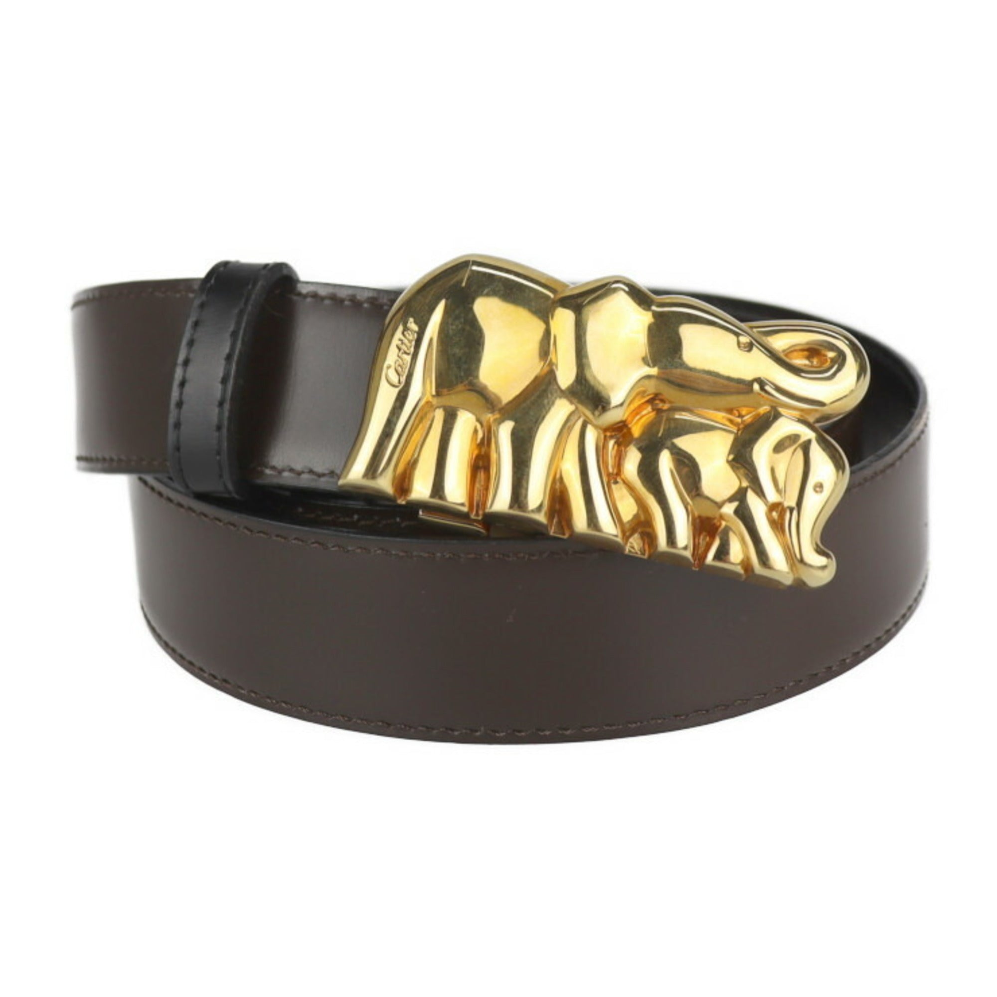 CARTIER elephant motif buckle belt leather brown black gold reversible