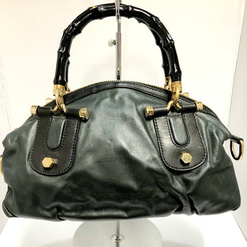 GUCCI Handbag 189869 Bamboo Leather Black Women's Dark Green Made in Italy Gold Metal Fittings