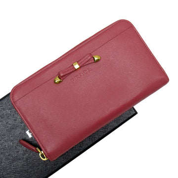 Prada Round Zipper Wallet Ribbon Pink Gold Saffiano Leather Ladies