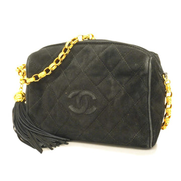 CHANEL Shoulder Bag Matelasse Chain with Fringe Suede Black Gold Hardware Women's