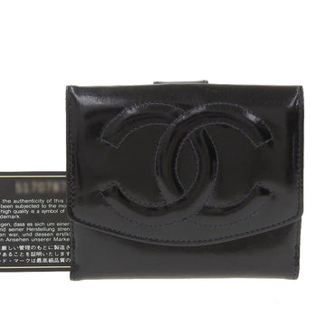 Chanel double hook folding wallet patent leather black A13496 with seal 5 series coco mark logo