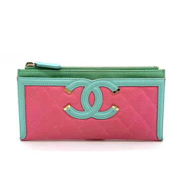 CHANEL Accessories CC Filigree Multi Case Color Pink x Blue Green Pouch Fragment Long Wallet Flat Coco Mark Matelasse Ladies Caviar Skin Leather