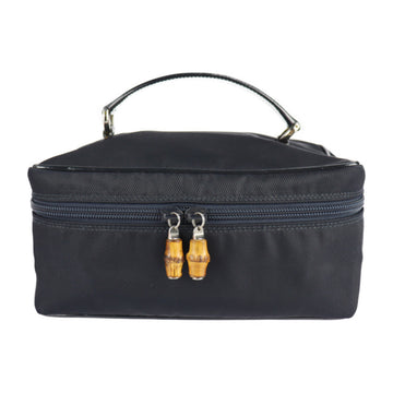 GUCCI Vanity Bag Bamboo Handbag 032.1705.0150 Nylon Canvas Calf Leather Dark Navy Cosmetic Accessory Case