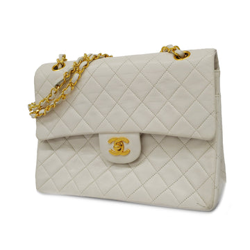 Chanel Shoulder Bag Matelasse W Flap W Chain Lambskin White Gold metal
