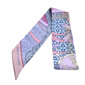 HERMES Silk La Promenade du Matin Morning Walk Twilly Scarf Pink Blue Ladies