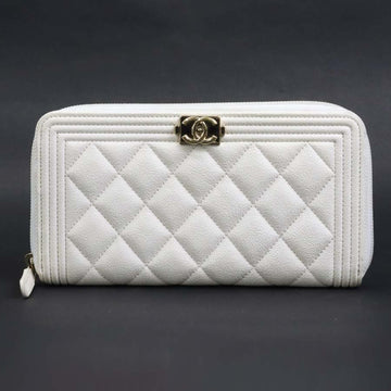 CHANEL Round Zipper Long Wallet Boy Leather White Gold Unisex 99537a