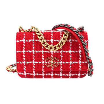 CHANEL 19 Chain Wallet Long Tweed Leather Red White Check AP3267