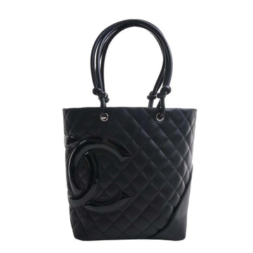 CHANEL Leather Cambon Coco Mark Small Tote Bag Black Ladies