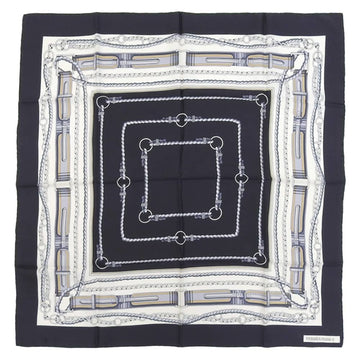 HERMES Carre 90 Belt Chain Pattern Scarf Muffler Silk Black x White